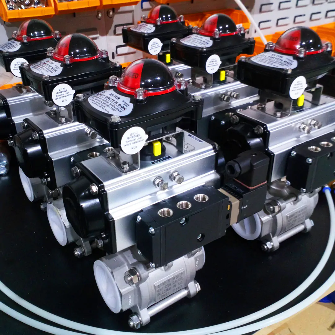 2” Mars Series 77 Ball Valves Fitted with Pneumatic Double Acting Actuators, 24VDC Burkert Type 6519 Pilot Solenoids & APL-210 Limit Switchboxes